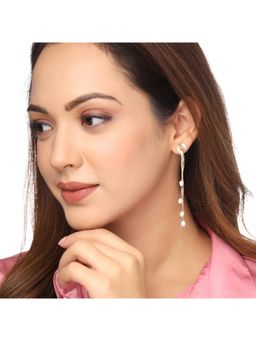 Yellow Chimes - Gold Tone Long Tassel Chain Pearl Drop Hanging Dangler Earrings