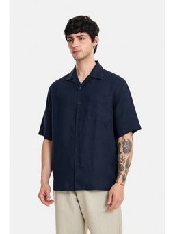Snitch - Navy Blue Solid Half Sleeves Relaxed Shirt