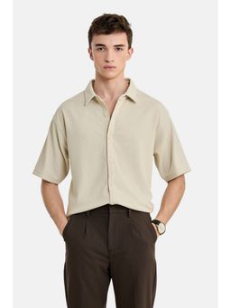 Snitch - Beige Ribbed Half Sleeves Oversized Casual Shirt