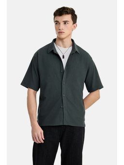 Snitch - Dark Grey Ribbed Half Sleeves Oversized Casual Shirt