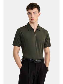 Snitch - Olive Textured Half Sleeves Slim Casual Polo T-Shirt