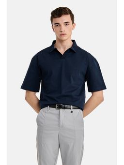 Snitch - Navy Blue Solid Half Sleeves Oversized Casual Polo T-Shirt