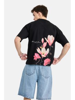 Snitch - Black Floral Half Sleeves Boxy Casual T-Shirt