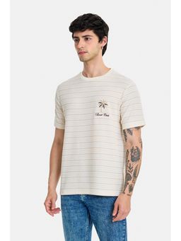Snitch - Cream Embroidery Stripes Half Sleeves Regular Casual T-Shirt