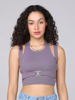 MIXT by Nykaa Fashion - Plum Halter Neck Ribbed Tank Top