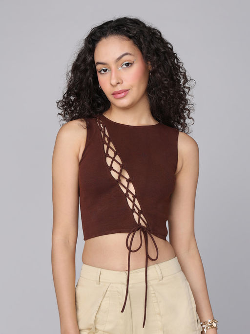 MIXT by Nykaa Fashion Brown Cut Out Tie Up Round Neck Ribbed Short Tank Top