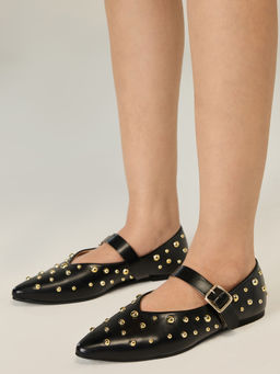 Twenty Dresses by Nykaa Fashion - Black Studded Pointed Toe Mary Jane Flats For Women (EURO 41)