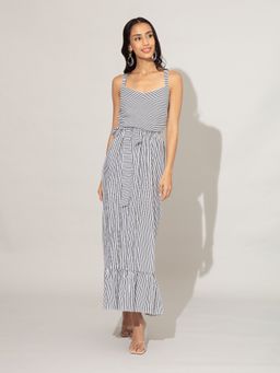Twenty Dresses by Nykaa Fashion - Black and White Pin Striped Fit and Flare Maxi Dress With Belt
