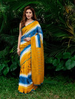 Beatitude - Yellow Blue Saree with Unstitched Blouse