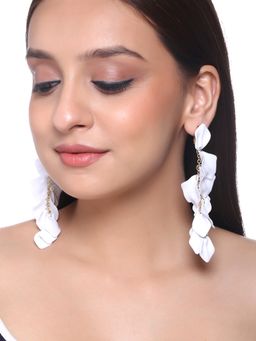 Yellow Chimes - Gold -Toned White Floral Petals Contemporary Long Dangler Earrings