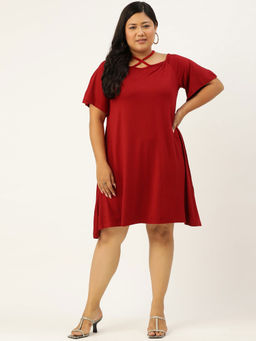 theRebelinme - Women's Maroon Solid Color Party Wear A-line Dress