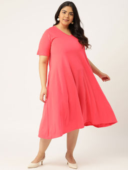 theRebelinme - Women's Fuchsia Solid Color V-neck Cotton A-line Dress