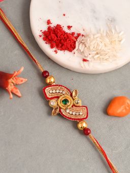 Shoshaa - Red-Gold Stone Studded Bhai Rakhi with Roli & Chawal (Set of 4)