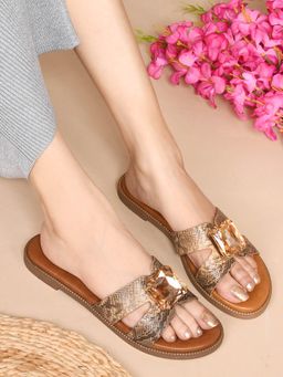 Jove - Women Brown Embellished Open Toe Flats