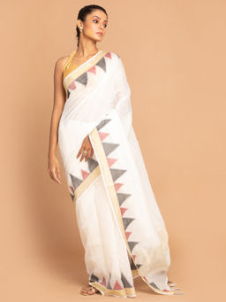 Indethnic - Banarasi White Solid Work Wear Saree With Unstitched Blouse