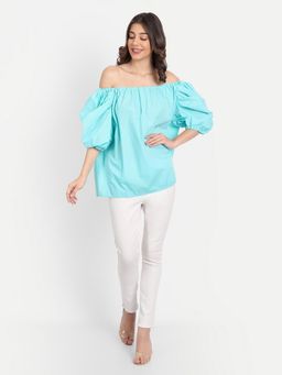 IKI CHIC - Turquoise Off Shoulder Balloon Sleeve Top