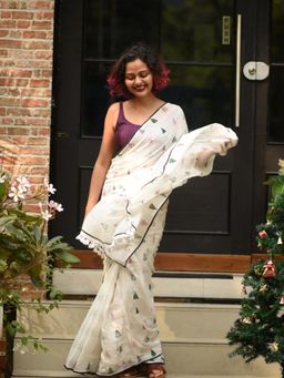 Suta - White Printed Cotton Modal Saree without Blouse