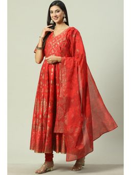 Biba - Red Printed Anarkali (Set of 3)