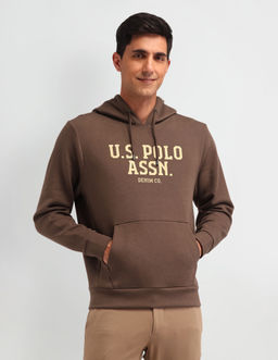 U.S. Polo Assn. Denim Co. - Typography Brown Full Sleeves Hooded Sweatshirt