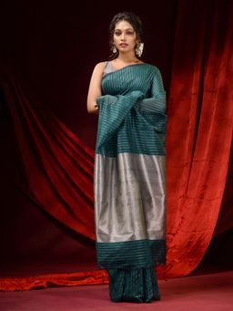 CHARUKRITI - Teal Cotton Silk Handwoven Zari Stripes and Zari Pallu Saree with Unstitched Blouse