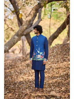 Nirmooha - Blue Floral Print Bandi with Kurta and Pant (Set of 3)