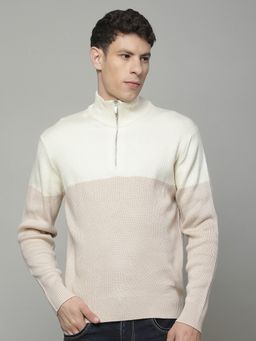 Cantabil - Men Beige Wool Colorblock Sweater