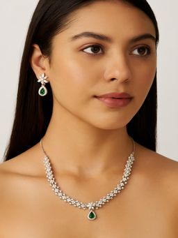 JEWELZ - Silver-Tone Floral Necklace Set With Green Tear Drop Stones