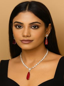JEWELZ - Silver-Tone Necklace Set With Red Teardrop Pendant And Earrings