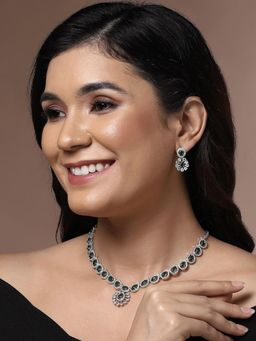 JEWELZ - Silver-Tone Green Stone Necklace Set With Matching Earrings