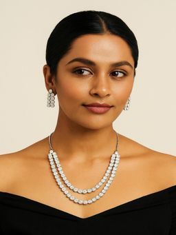 JEWELZ - Silver-Tone Double Layer Necklace Set With Matching Crystal Earrings
