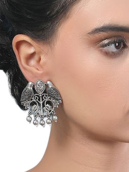 Auraa Trends - Oxidized Silver Bird Motif Earrings With Floral Design And Dangling Beads
