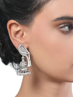Auraa Trends - Oxidized Silver Parrot Motif Jhumka Earrings With White Pearl Beads