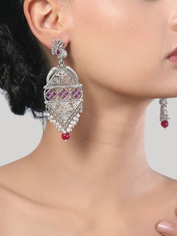 Auraa Trends - Oxidized Silver Peacock Motif Mirror Work Earrings With Pearl And Bead Danglers