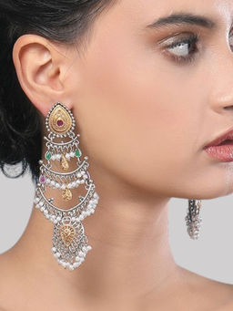 Auraa Trends - Antique Oxidized Silver Multi-Layer Pearl And Kundan Chandbali Earrings For Women