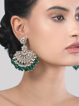 Auraa Trends - Antique Gold-Plated Kundan Chandbali Earrings With Green Beads And Pearls