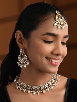 I Jewels - Gold Plated Traditional Kundan Pearl Jewellery Set White