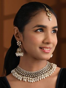 I Jewels - Gold Plated Traditional Kundan Pearl Jewellery Set White