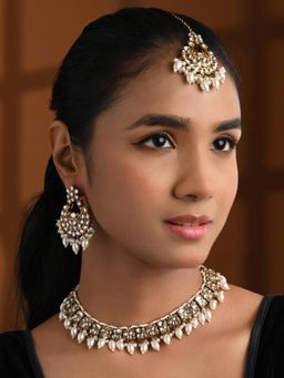 I Jewels - Gold Plated Traditional Kundan Pearl Jewellery Set White