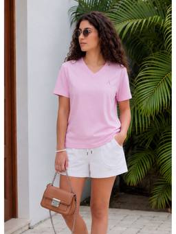 Alonge - Cotton Signature Vee Neck Pink T-Shirt
