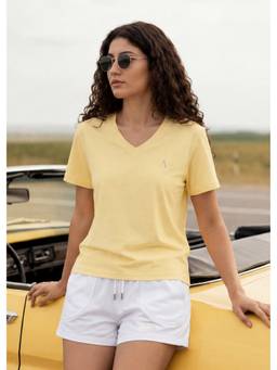 Alonge - Cotton Signature Vee Neck Yellow T-Shirt