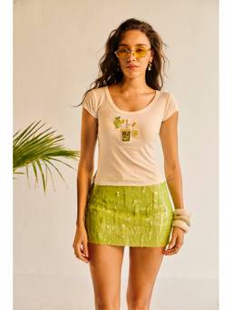 Lea Clothing - Women Beige Aam Panna Hand-Beaded Baby T-Shirt