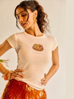 Lea Clothing - Women Beige Gol Gappa Hand-Beaded Cotton Modal Baby T-Shirt