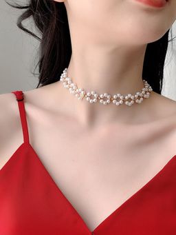 Yellow Chimes - Women Rose Gold Floral Designed Pearl studded Choker Necklace