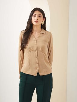 Latin Quarters - Beige Collared Solid Casual Shirt