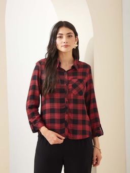 Latin Quarters - Maroon Collared Checked Casual Shirt
