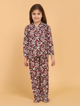 PICCOLO - Maroon & Off White Printed Top & Pyjama Set With Slippers (Set of 3)