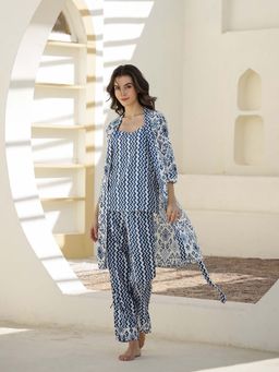 SAY - Women Blue Printed Night Suit (Set of 3)