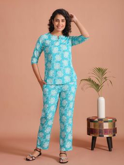 SAY - Women Turquoise Printed Night Suit (Set of 2)