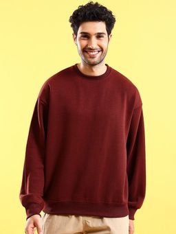 The Indian Garage Co - Men Oversized Fit Solid Crew Neck Brown Sweatshirt