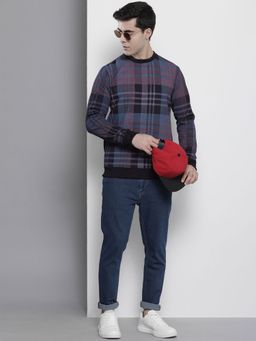 The Indian Garage Co - Men Regular Fit Checks Crew Neck Navy Blue Sweatshirt